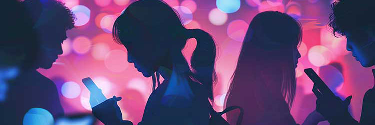 group silhouette of people looking at smartphones