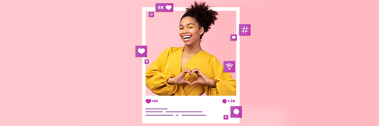 social media influencer with hearts and likes all over post